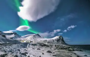 Northern lights over a snowy coast