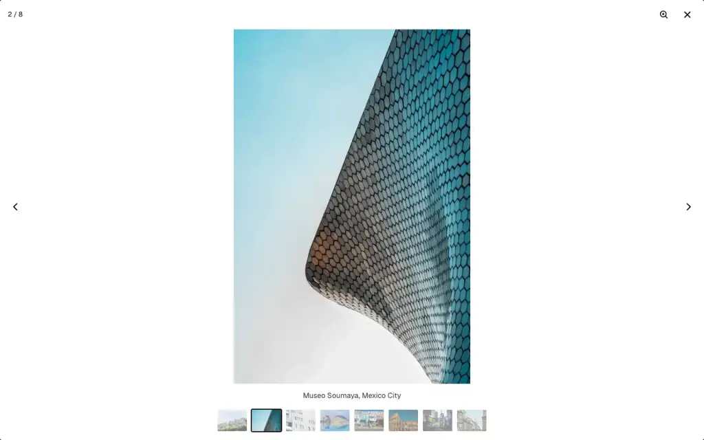 The Gutenslider lightbox open on a photo of the Museo Soumaya, with thumbnails below