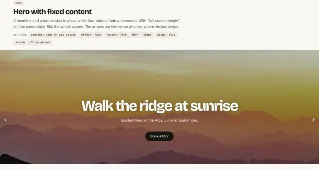 Fullscreen hero slider with a fixed headline and button over fading photos