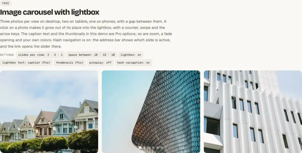 Image carousel showing three photos side by side with a gap