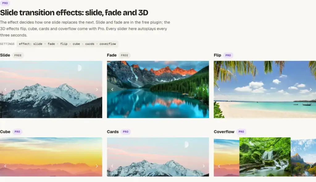 Six sliders side by side showing the slide, fade, flip, cube, cards and coverflow effects