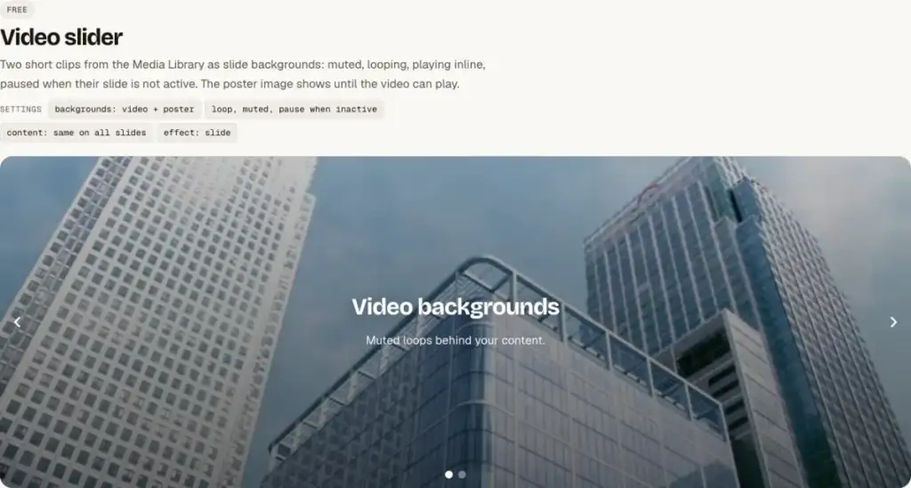 Slider with a muted video background and a headline on top