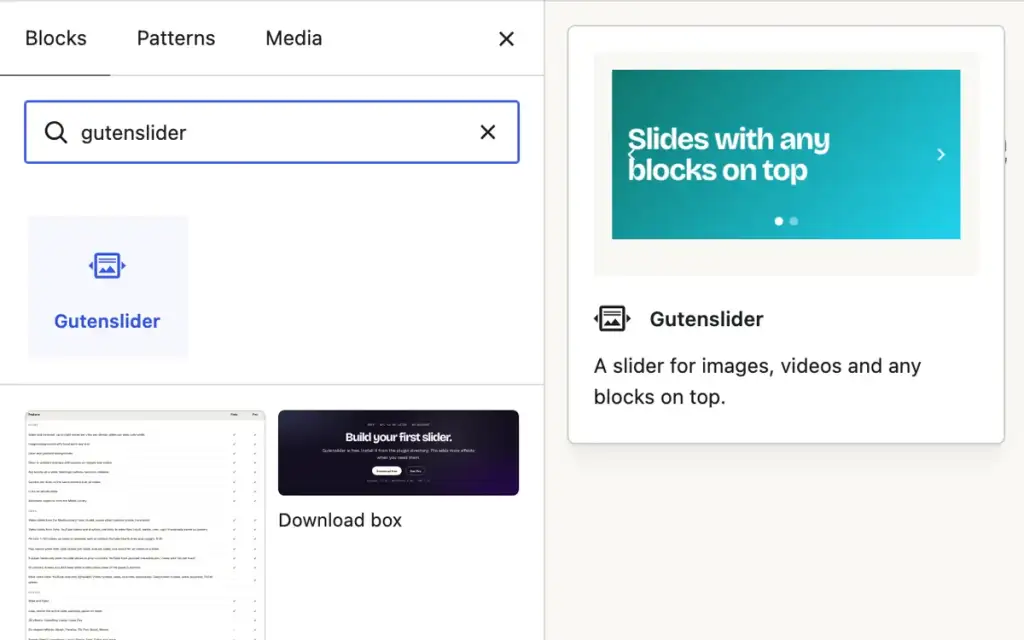 The block inserter with “gutenslider” typed in the search and the Gutenslider block’s preview